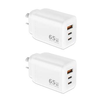 2PK Sansai 65W GaN Charger Fast 3-Port USB-C USB-A Charging Travel Adapter