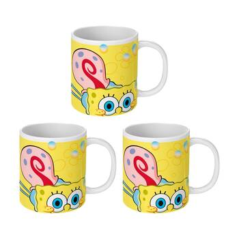 3PK Spongebob Happy Squared Ceramic Coffee Drinking Mug Yellow & White