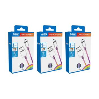 3PK Laser USB-A To USB-C Nylon-Braided Fast Charging Cable 1m Rainbow