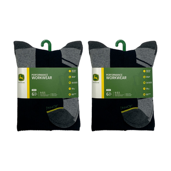 2x 6pc John Deere Crew Performance Socks (Size 10-13) Black Mens