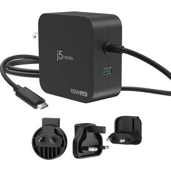 J5Create 2-Port GaN PD USB-C 102W?Charger W/ Changeable AC Plugs