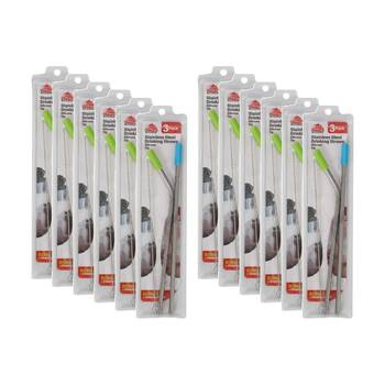 12x 3pc Braz Stainless Steel Drinking Straws W/ Bent Silicone Tips 27cm