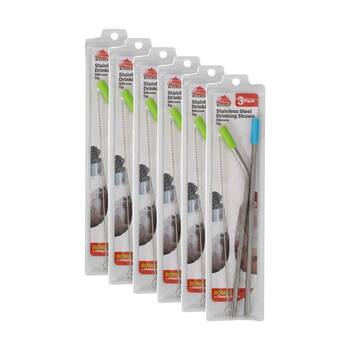 6x 3pc Braz Stainless Steel Drinking Straws W/ Bent Silicone Tips 27cm