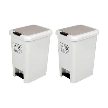 2PK Braz Pedal Top Foot Operated Plastic Bin /W Beige Lid 10L White