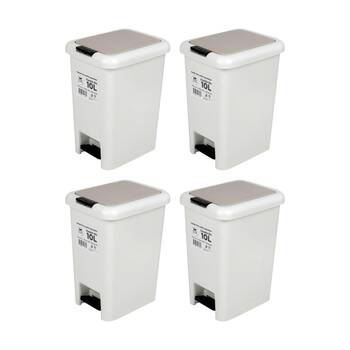 4PK Braz Pedal Top Foot Operated Plastic Bin /W Beige Lid 10L White