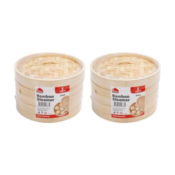 2PK Braz 2 Layer Round Woven Bamboo Steamer W/ Lid 21cm Natural