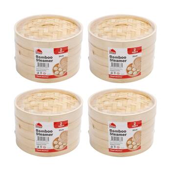 4PK Braz 2 Layer Round Woven Bamboo Steamer W/ Lid 21cm Natural