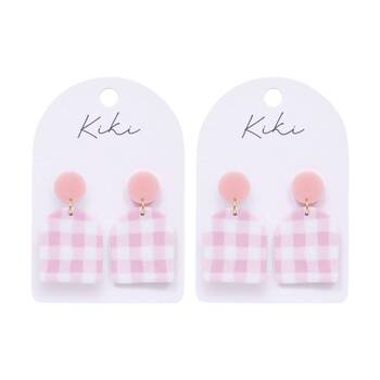 2PK Kiki Gingham Earrings Lightweight Clay Metal Stainless White Pink