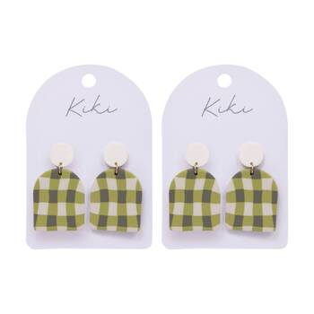 2PK Kiki Gingham Earrings Lightweight Clay Metal Stainless White Green