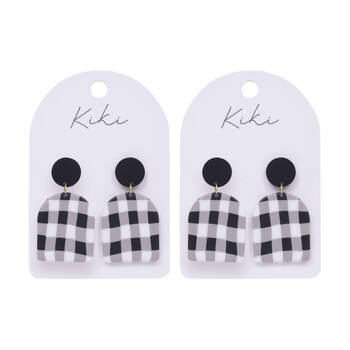 2PK Kiki Gingham Earrings Lightweight Clay Metal Statement Black White