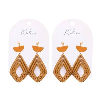 2PK Kiki Boho Rattan Earrings Lightweight Stainless Steel Orange Tan