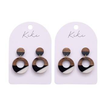2PK Kiki Geo Wood Circles Earrings Lightweight Acrylic Metal Black White