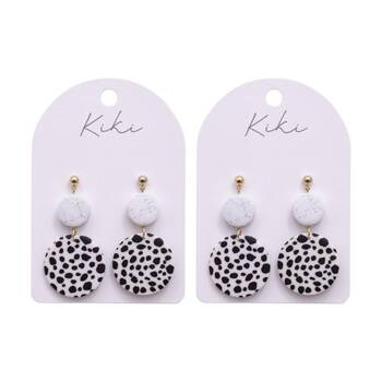 2PK Kiki Spotty Rounds Earrings Lightweight Clay Metal Black White