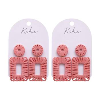 2PK Kiki Pink Rectangles Earrings Lightweight Raffia Metal Woven Design