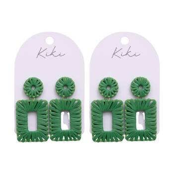 2PK Kiki Rectangles Earrings Lightweight Raffia Metal Woven Style Green