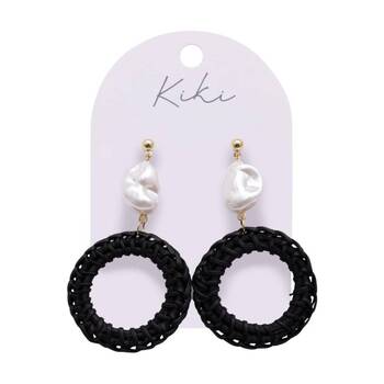 Kiki Pearl Rounds Earrings Lightweight Raffia Metal Statement Black