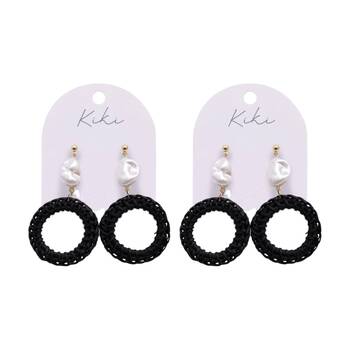 2PK Kiki Pearl Rounds Earrings Lightweight Raffia Metal Statement Black
