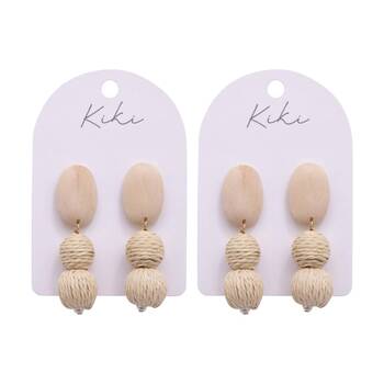2PK Kiki Raw Wood Drops Earrings Lightweight Design Rattan Metal Cream