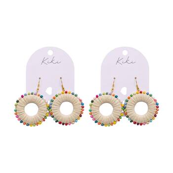 2PK Kiki Colourful Rounds Earrings Lightweight Raffia Metal Plastic Cream