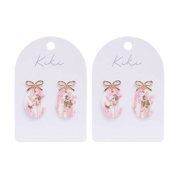 2PK Kiki Bow Earrings Stainless Steel Clay Lightweight Pink White Gold