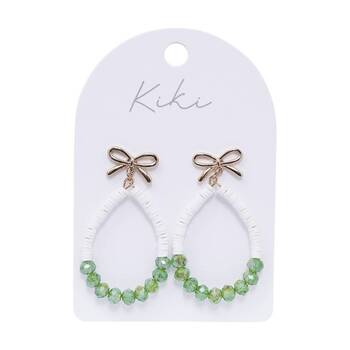 Kiki Bow Teardrop Earrings Green Stainless Steel Plastic White Gold