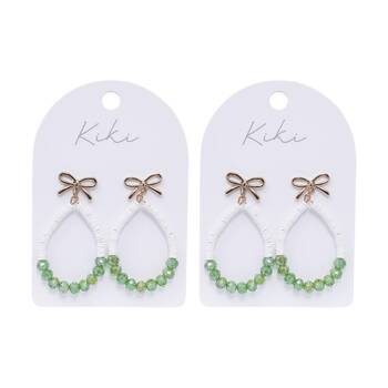 2PK Kiki Bow Teardrop Earrings Green Stainless Steel Plastic White Gold