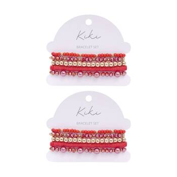 2x 5pc Kiki Crimson Dream Bracelet Glass Beaded Design Set Red Gold