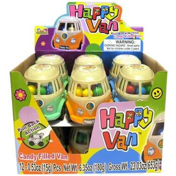 12PK Kidsmania Happy Van Pull Back Toy Filled W/ Candy 15g Assorted