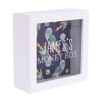 Splosh Money Box James Personalised Wooden White Dark Blue 13x5x13cm