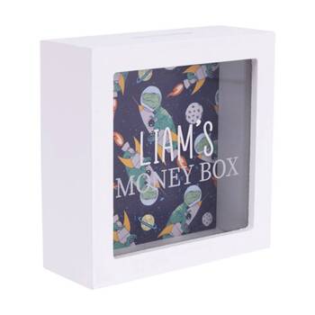 Splosh Money Box Liam Personalised Wooden White Dark Blue 13x5x13cm
