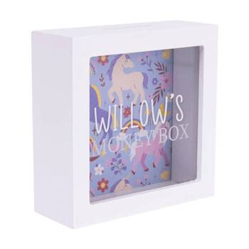 Splosh Kids Money Box Willow Personalised Name White Blue 13x5x13cm