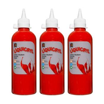 3PK Educational Colours Liquicryl Junior Student Acrylic Paint Bright Red 500ml