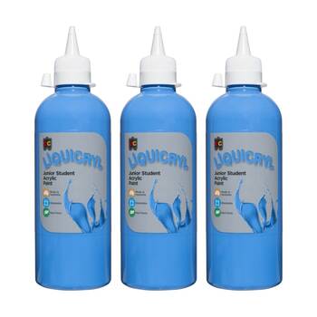 3PK Educational Colours Liquicryl Junior Student Acrylic Paint Sky Blue 500ml