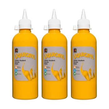 3PK Educational Colours Liquicryl Junior Student Acrylic Paint Warm Yellow 500ml