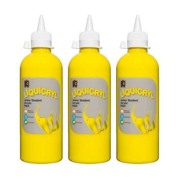 3PK Educational Colours Liquicryl Junior Student Acrylic Paint Yellow 500ml