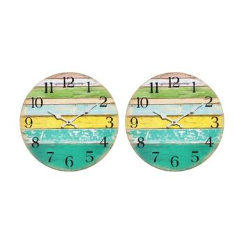 2PK LVD Weathered Wood Coastal Coloured Board Home Decor Wall Clock 34x34x3cm