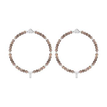 2PK Life Charms Healing Stones Bracelet Smokey Quartz Brown Silver 17.5cm