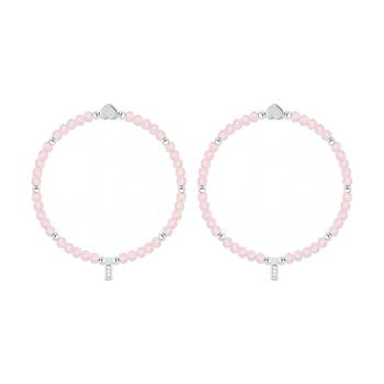 2PK Life Charms Healing Stones Bracelet Rose Quartz Pink Silver 17.5cm