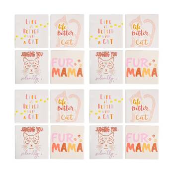 4x 4pc LVD Decorative Cat Sayings Ceramic Square Drink Coasters Decor 10x10cm