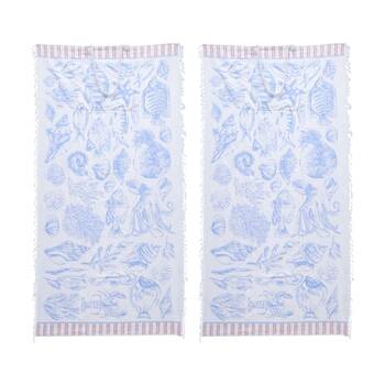 2PK LVD 2-in-1 Blue/White Fish Stories Microfibre Beach Towel & Bag 90x180cm
