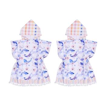 2PK LVD Kids Blue/Pink Whale Microfibre Poncho Towel W/ Pockets 70x70cm