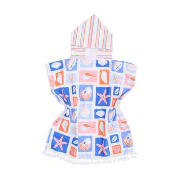 LVD Kids Blue/Orange Sea Shells Microfibre Poncho Towel W/ Pockets 70x70cm
