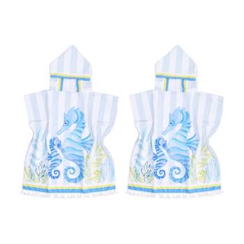 2PK LVD Kids Blue Seahorse Microfibre Poncho Towel W/ Pockets 70x70cm