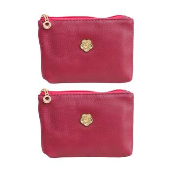 2PK LVD Berry Red Womens Textured Leather Coin Purse W/ Gold Flower 12.5x8cm
