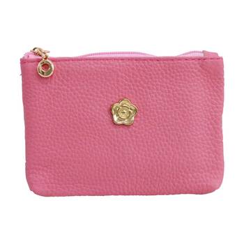 LVD Pink Womens Textured Leather Coin Purse W/ Gold Flower 12.5x8cm