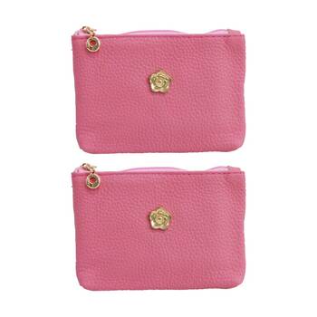 2PK LVD Pink Womens Textured Leather Coin Purse W/ Gold Flower 12.5x8cm