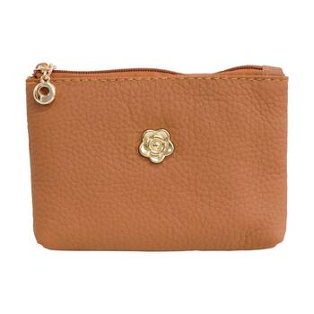 LVD Tan Womens Textured Leather Coin Purse W/ Gold Flower 12.5x8cm