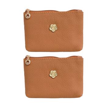 2PK LVD Tan Womens Textured Leather Coin Purse W/ Gold Flower 12.5x8cm