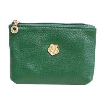 LVD Green Womens Textured Leather Coin Purse W/ Gold Flower 12.5x8cm