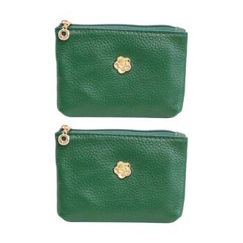 2PK LVD Green Womens Textured Leather Coin Purse W/ Gold Flower 12.5x8cm